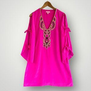 Lilly Pulitzer Avila Bright Pink Silk Gold Embellished Tie Sleeve Dress size M